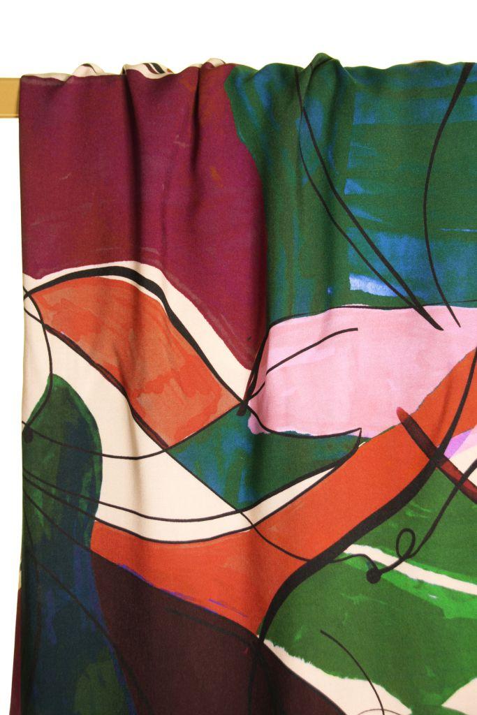 Viskose Druck abstrakte Flächen rosa rot grün petrol